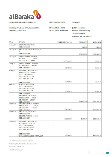 Download Bahrain Al Baraka bank statement excel Photoshop template